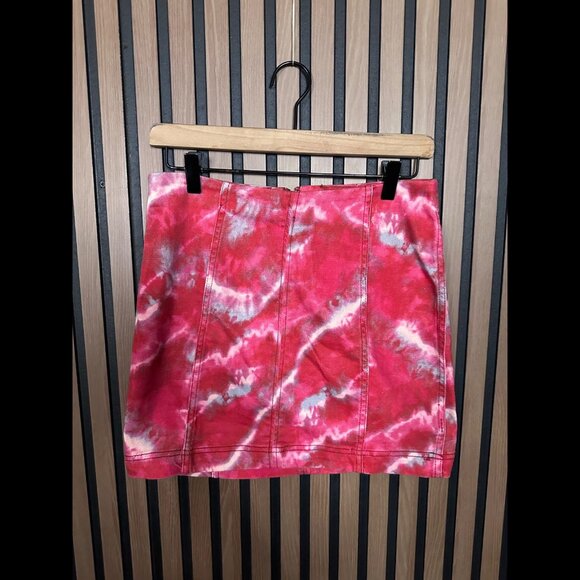 Free People Mini Skirt 6 / S Womens Red Tie Dye Pleated Denim Jean Stretch - Picture 1 of 9